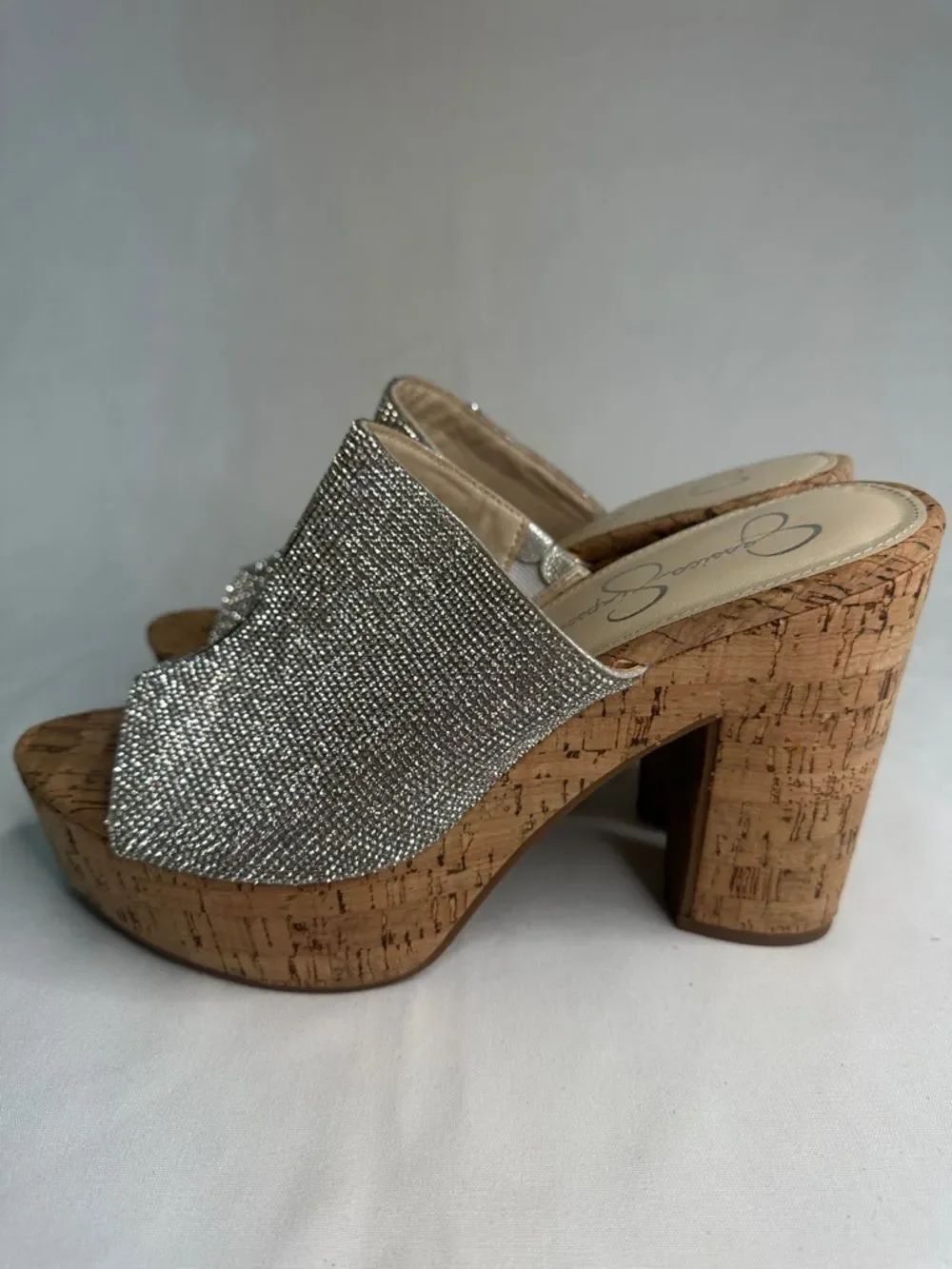 Jessica Simpson Silver Rhinestone Cork Mule Slides - Picture 5 of 7